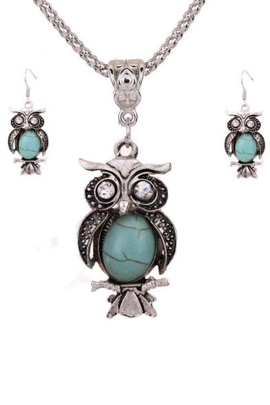 Cute Owl Shaped Alloy Gemstone Pendant Necklace and Earings