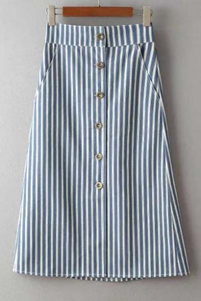Fashion Button Down A-Line Striped Skirts