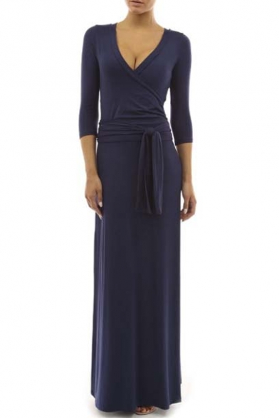 Women's Solid V-neck 3/4 Sleeve Wrap Waist Long Maxi Dress