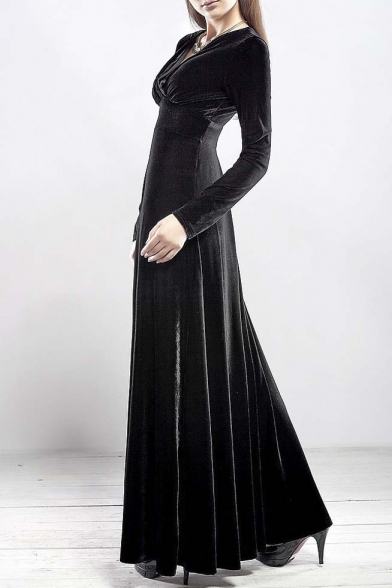 Womens Elegant V Neck Long Sleeve Velvet Party Evening Long Maxi Dress Plus Size