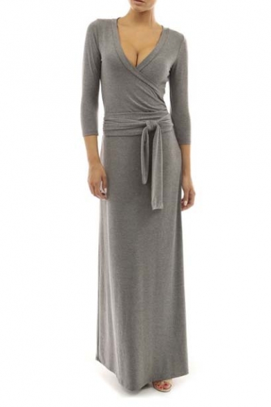 Women's Solid V-neck 3/4 Sleeve Wrap Waist Long Maxi Dress
