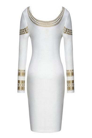 Women's Cut out Long Sleeves Kim Egypt Gold Foil Print Cocktail Dress