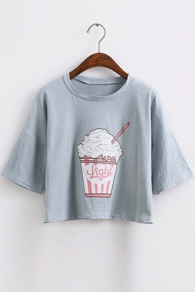 Cute Cartoon Print Half Sleeve Loose Crop Top - Beautifulhalo.com