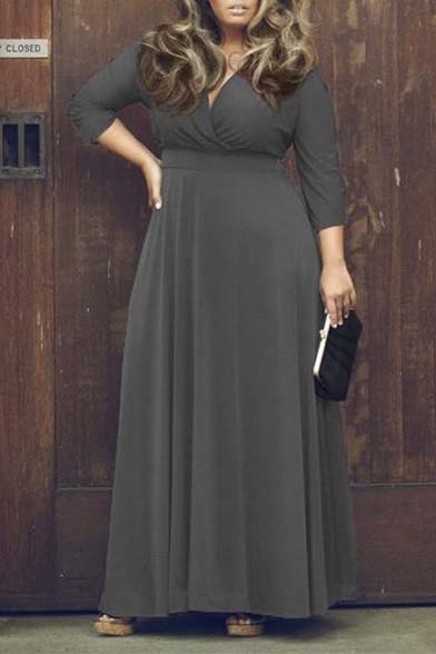 Olens Womens Solid V-Neck 3/4 Sleeve Plus Size Evening Party Maxi Dress