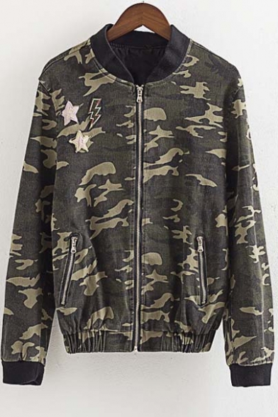 Cool Camo Pattern Stand Up Collar Long Sleeve Zipper Front Coat&Jackets