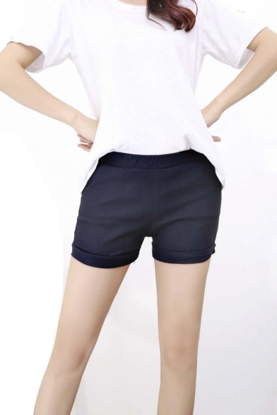 Elastic Waist Plain Women Chic Shorts