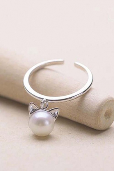 Popular Silver Plated Opening Ring Cute Orecchiette Imitation Pearl Adjustable Ring