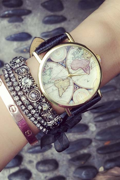Vintage Style World Map Pattern Chic Quartz Leather Water Resistance Watch