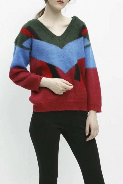 Women's V-neck Long Sleeve Color Block Sweater