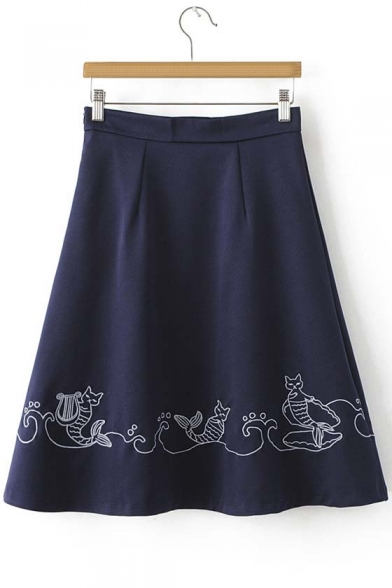 Women's Zip Waist Embroidered Swing Midi Skirt