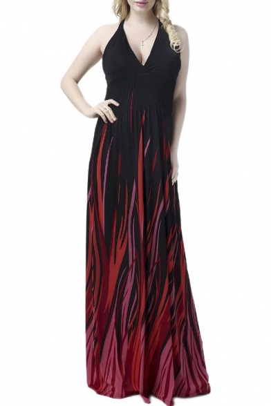 Women's Flame Design Halter Sexy Maxi Dress Evening Gown Plus Size