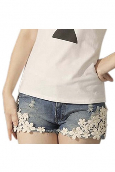 Women's Floral Lace Patchwork Denim Low Waist Shorts