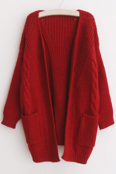 Women's Twist Pockets School Wear Sweater Loose Long Knit Cardigan ...