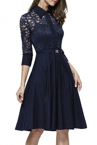 Women's Vintage 1950s Style 3/4 Sleeve Black Lace Flare A-line Dress
