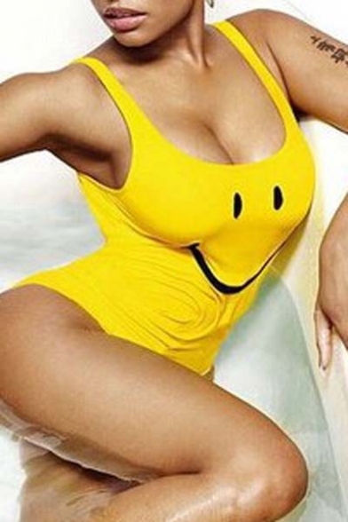 Summer Fashion Women One Piece Cartoon Smile Face Print Sexy Swimwear