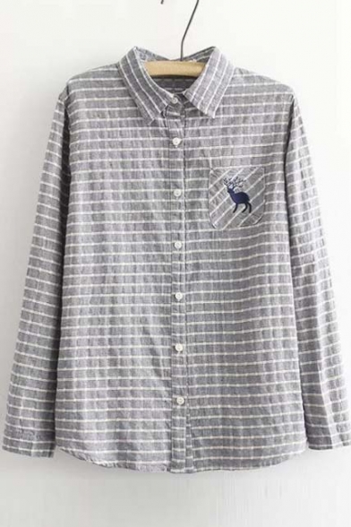 Women's Collared Embroidered Button Front Striped Shirt - Beautifulhalo.com