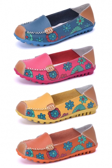 Women's Floral Print Shallow Mouth Round Head Flat Shoes