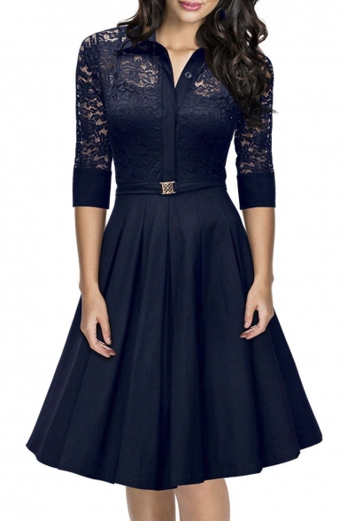 Women's Vintage 1950s Style 3/4 Sleeve Black Lace Flare A-line Dress