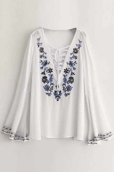 Women's Long Sleeve Floral Embroidered Blouse