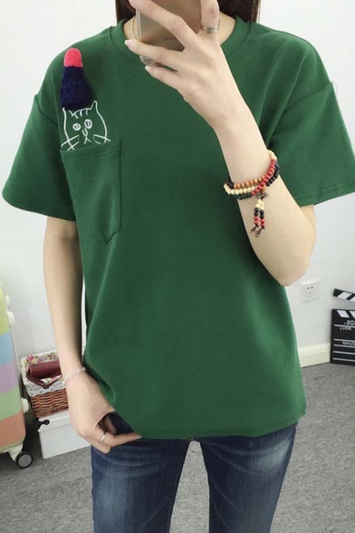 Cute Pocket Cat Round Neck Short Sleeve T-shirt