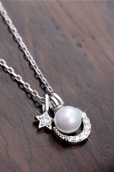 Shining Pearl Star Moon Pandent Chic Silver Women Necklace