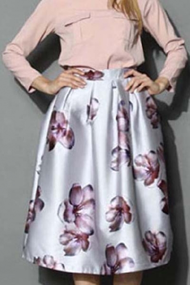 Women's Floral Print High Waist Bubble Midi Skirt