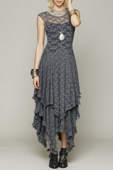 Women's Sexy Sleeveless Floral Lace Tiered Long Irregular Party Dress