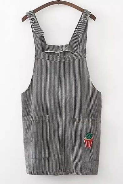 Chic Cactus Embellish Pockets Front Striped Overall Dress