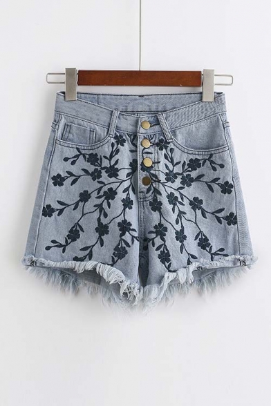 Cool Raw Hem High Waist Embroidery Hot Denim Shorts