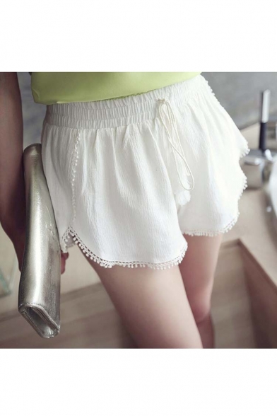 Women's Cotton Linen Floral Fringe Tassel Hem Shorts