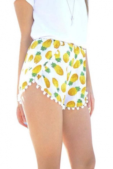 Women's Small Balls Tassel Edge Floral Print Beach Shorts