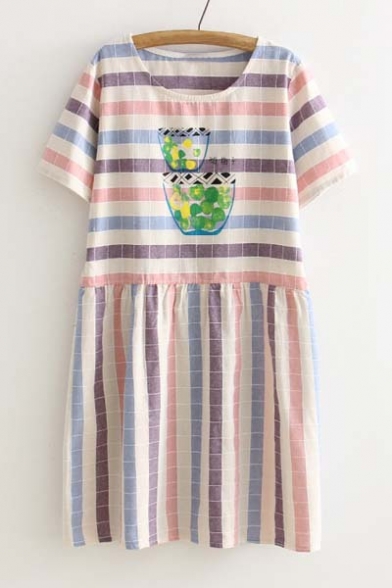 Popular Cute Round Neck Short Sleeve Plaid Smock Dress