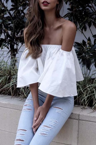 Sexy Off The Shoulder Bell Sleeve Loose Ruffle Hem Crop Blouse&Top