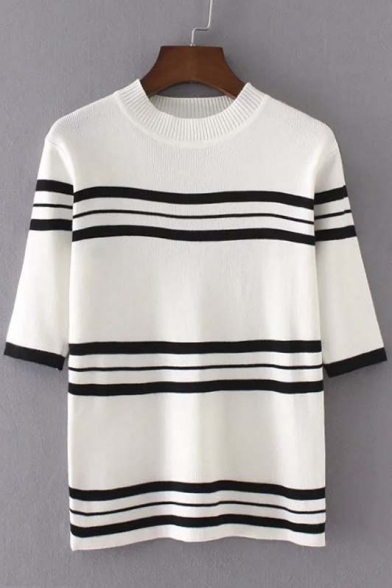 Stripes Color Block Round Neck Half Sleeve Sweater