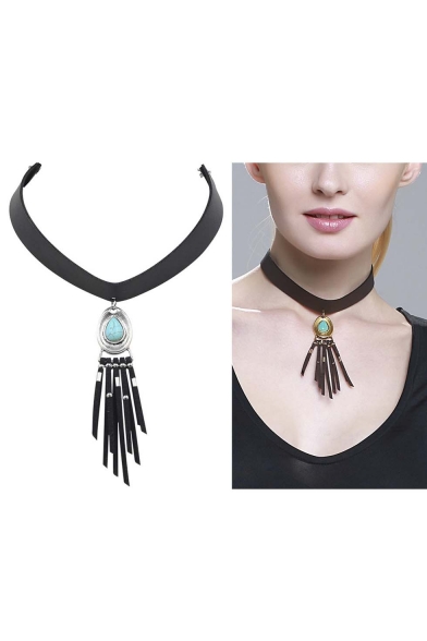women's Turquoise Collar Tassel Brief Paragraph Leather Necklace