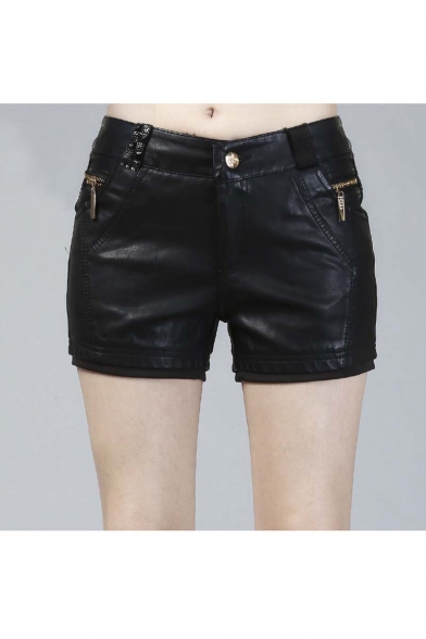 Hot PU/Leather Zipper Embellish Women's Shorts