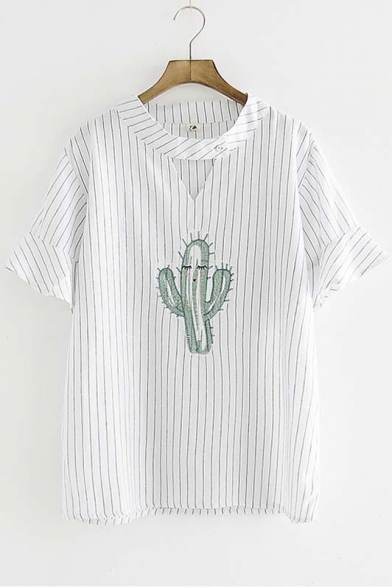 Key Hole Neck Short Sleeve Striped Cactus Embroidey Chic Top