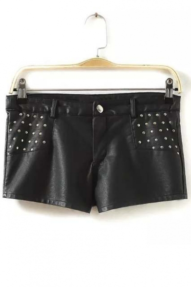 Metal Studded Faux Leather Black Hot Shorts