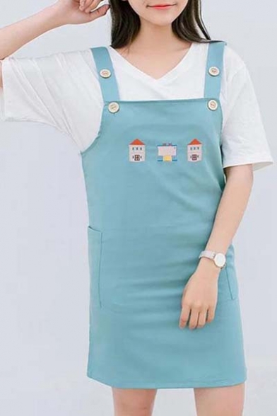 Cute Small House Embroidered Side Pockets Overall Dress