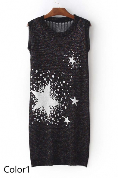 Popular Star Pattern Round Neck Sleeveless Knitted Dress