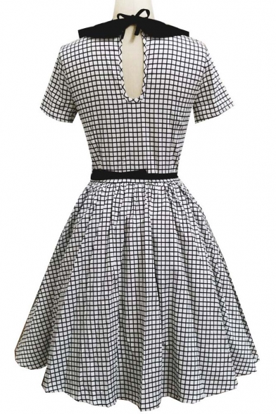 Women's Elegant Vintage 1940's Short Sleeve Plaid Fit & Flare Dress