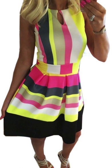 Womens Sleeveless Stripe Babydoll Mini Dress