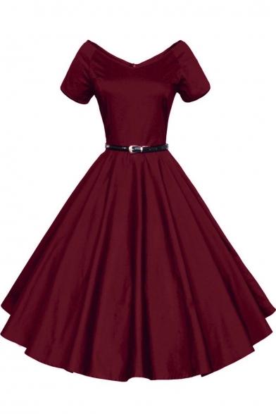 Women 1950s V-Neck Vintage Rockabilly Swing Evening Party Fit & Flare Dress