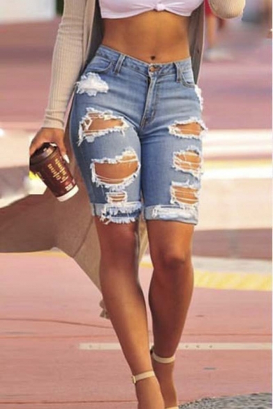 Women's High Waist Ripped Hole Washed Distressed Denim Shorts Jeans
