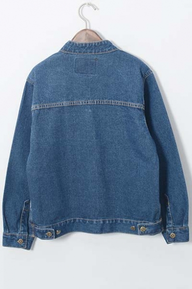 Stand Up Button Down Long Sleeve Double Pockets Denim Coat ...