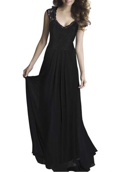 Women's Casual Deep V-Neck Sleeveless Vintage Maxi Black Dress