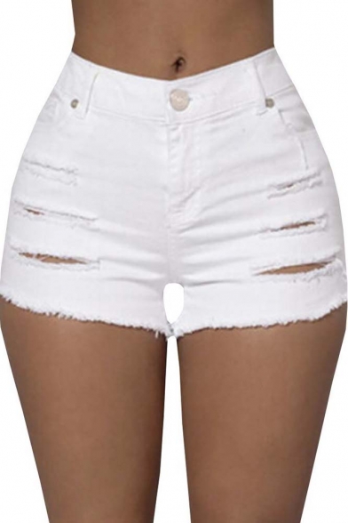 Womens Pure High Waisted Ripped Denim Shorts Short Jeans