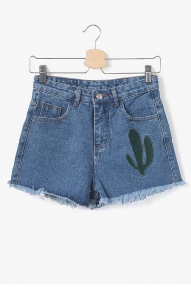 Raw Edge Cactus Emnroidery Denim Hot Shorts