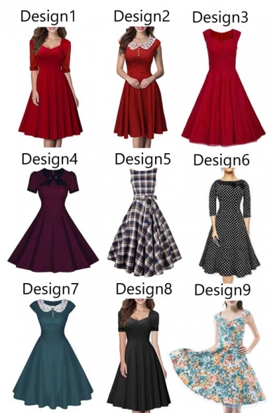 Vintage Fit & Flare Midi Dress-Women 1950s Vintage Knee Length Party Cocktail Dress