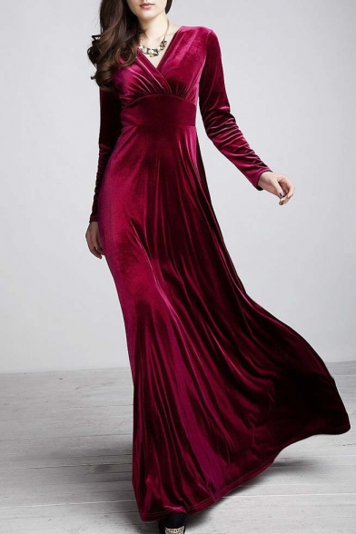 Women long sleeve V-neck Velvet Stretchy Long Dress
